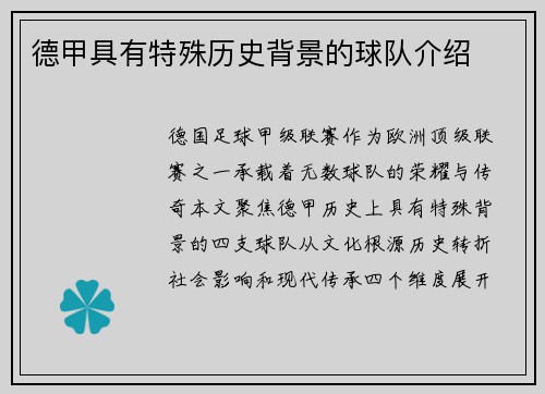 德甲具有特殊历史背景的球队介绍